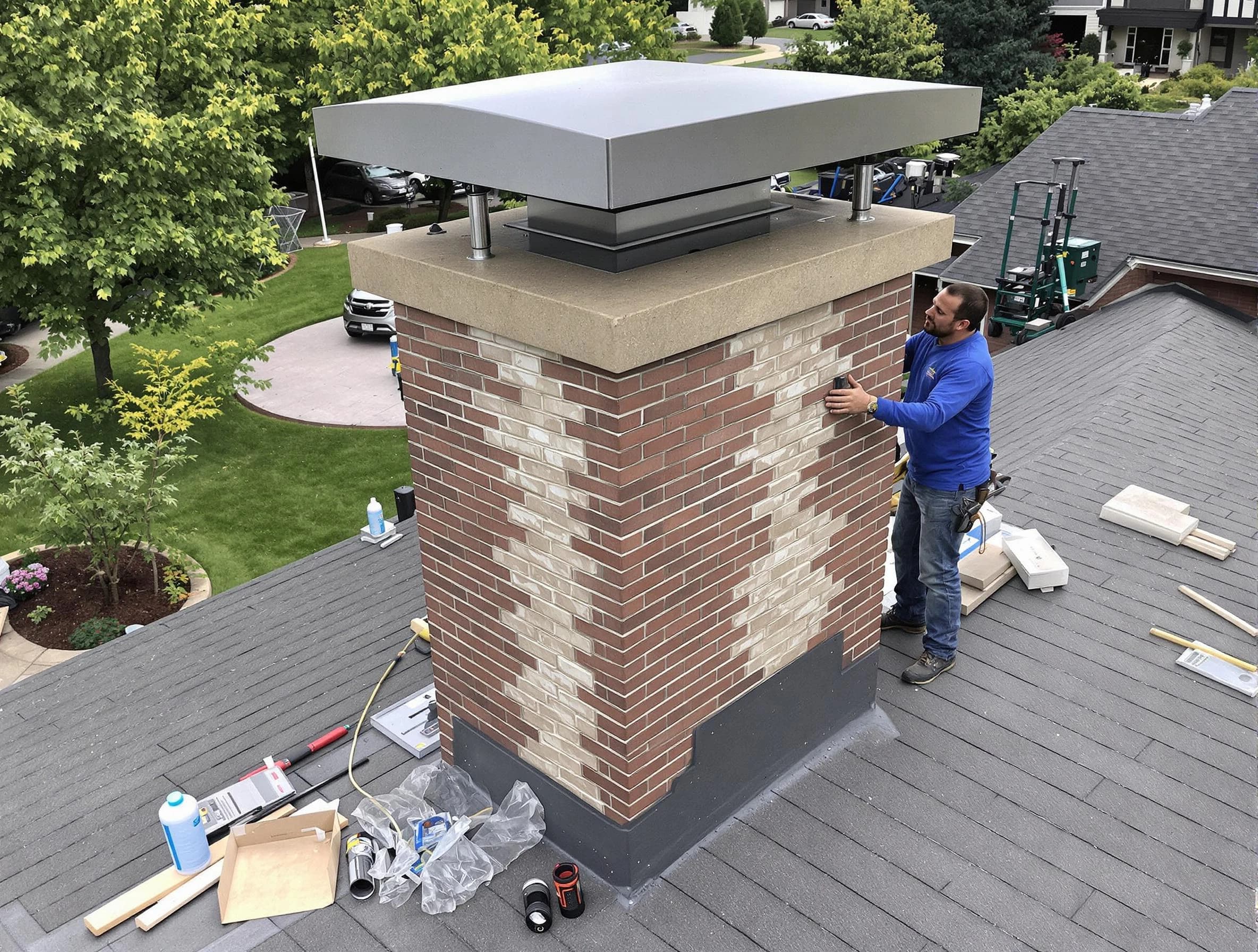 Bernalillo Chimney Sweep team working on a custom chimney remodel in Bernalillo, NM